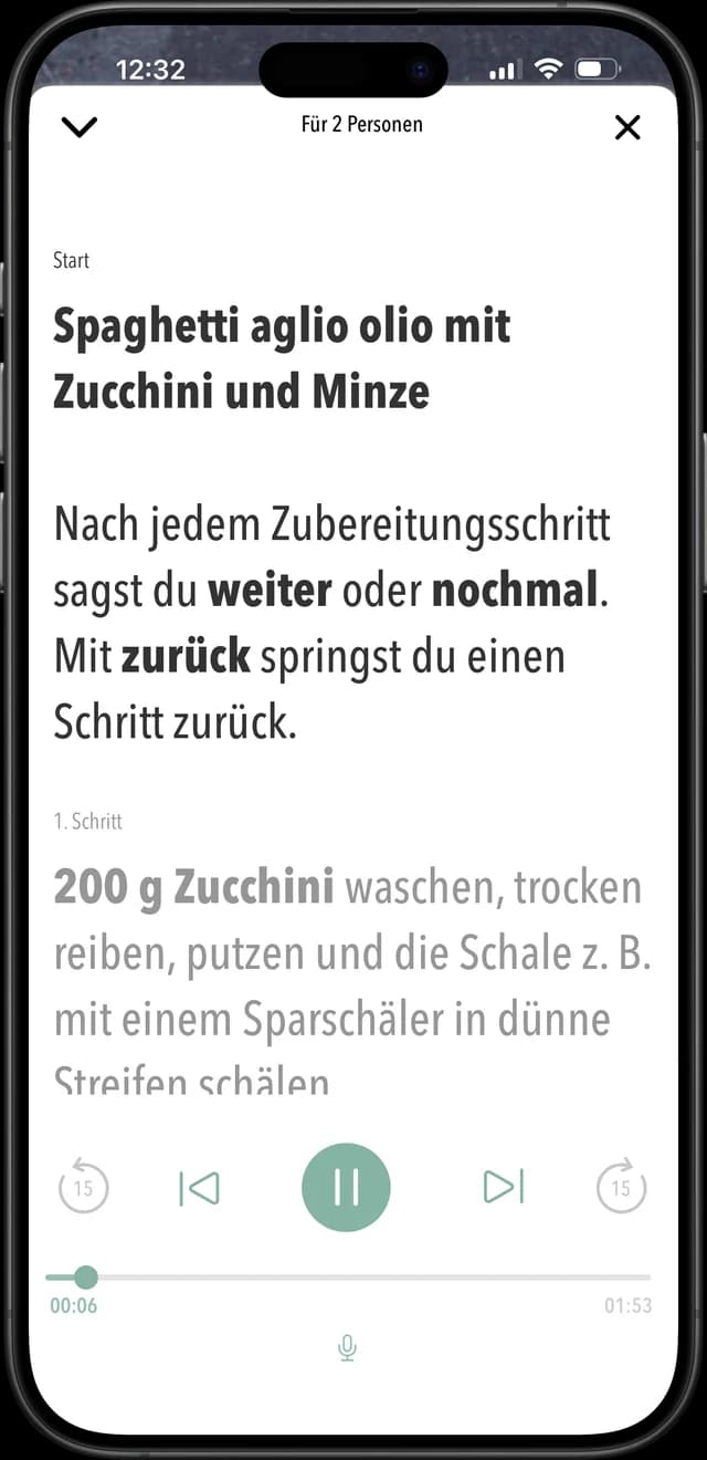 Zubereitungstext audiosynchron nachlesen – ohne Sperrbildschirm.