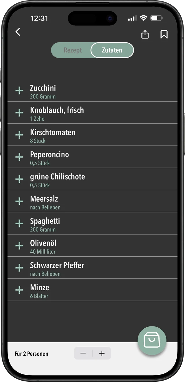 Personenzahl einstellen und alle Zutaten auf einen Blick.