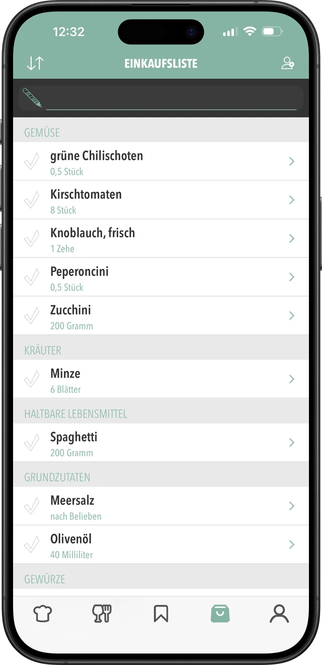 Zutaten werden auf der Einkaufsliste addiert und sortiert.