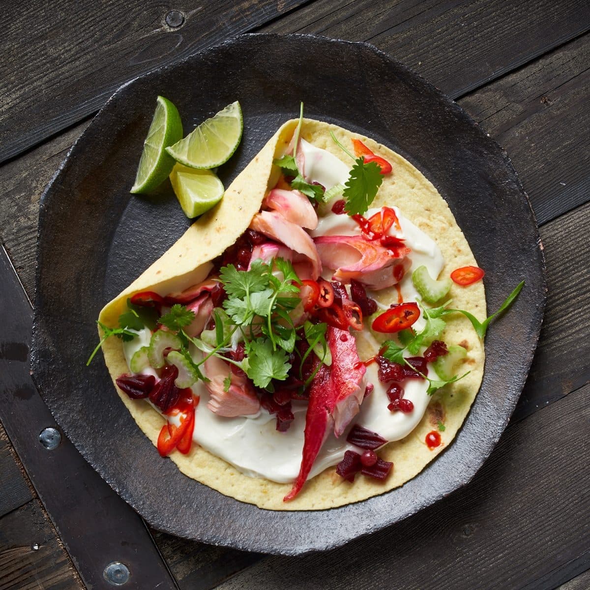 Beetroot salmon tacos