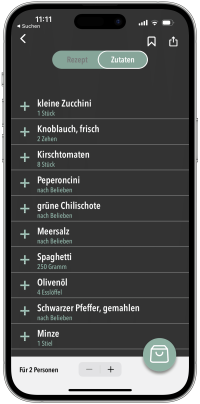 PROFI-EINKAUFSLISTE Alle Zutaten sind in der Einkaufsliste mit einem Reiter zusammengefasst. Zutaten aus mehreren Rezepten werden zusammengefügt.
